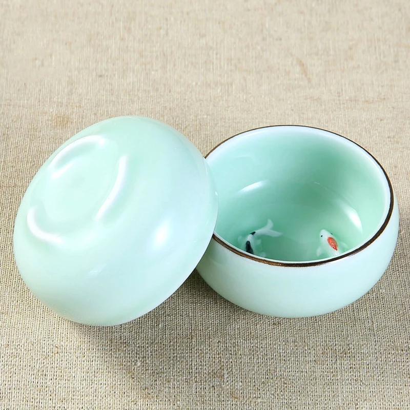 45ml/80ml Handpainted Ceramic Embossed Double Carps Teacup Longquan Celadon Fish Luohan Vintage Personal Cups Green Blue