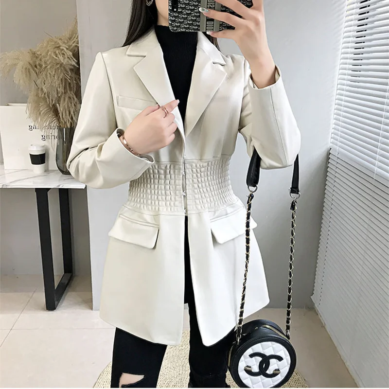 Leather Clothes Women's Spring Genuine and Autumn Medium Long Casual Slim fit Elastic Waist Sheepskin Leather Overcoat Female