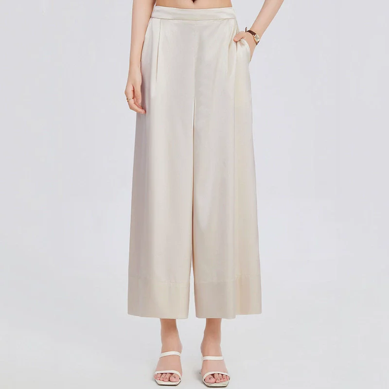 Birdsky, 1PC Women trousers pants wide leg flare pant 95% real mulberry silk 5% spandex solid 2 colors, S-1122