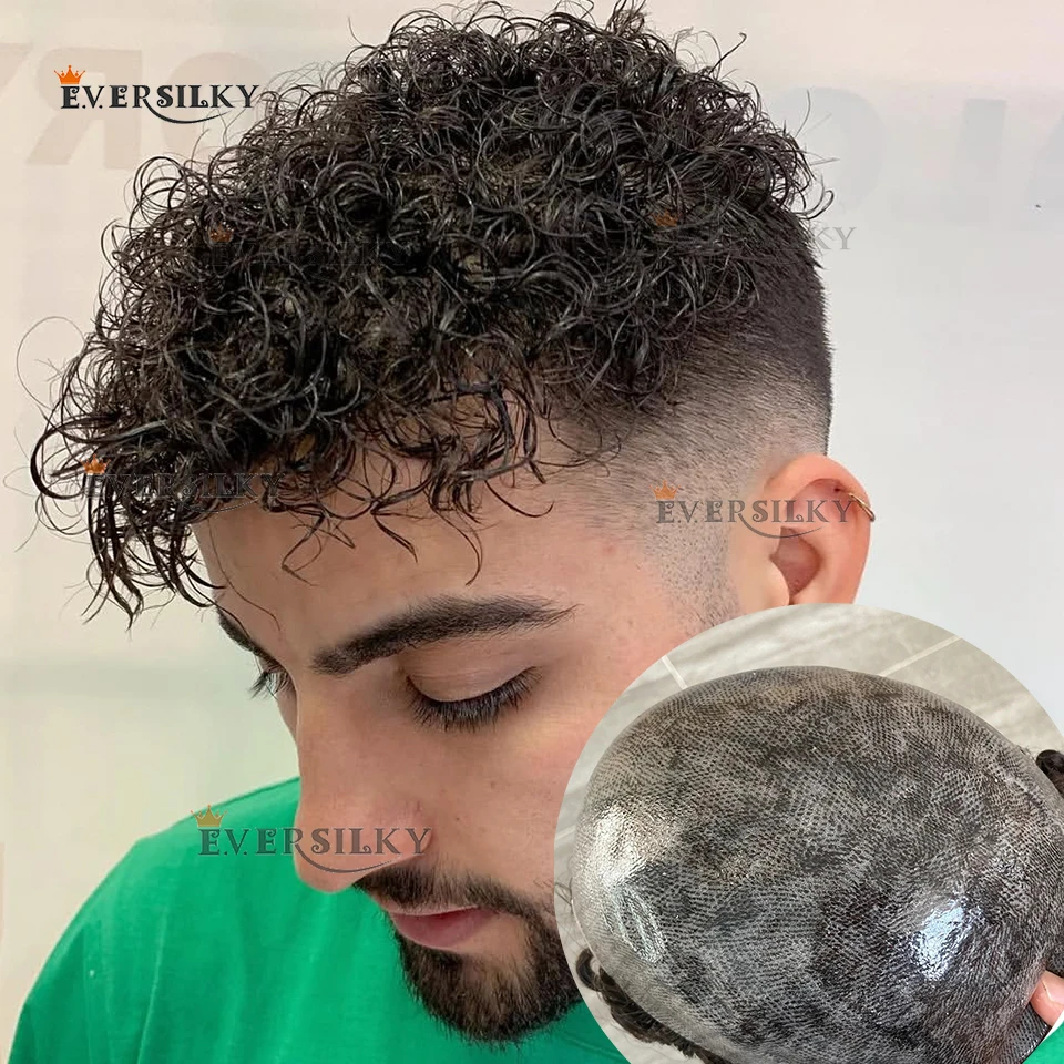 

Прочный мужской парик из натуральных волос с естественной линией роста волос, 15 мм, афро-кудрявый, легко укладываемый, на основе из инъекционной кожи, мужские накладки для волос с кудрями типа «кинки», коричневые