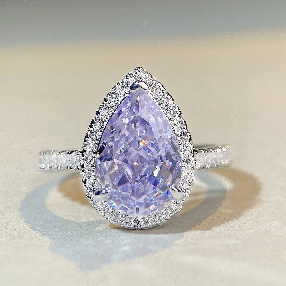 

S925 Pure Silver Pear Shaped Ring, Lavender Purple High Carbon Diamond, Gemstone and Diamond Ring, European and American