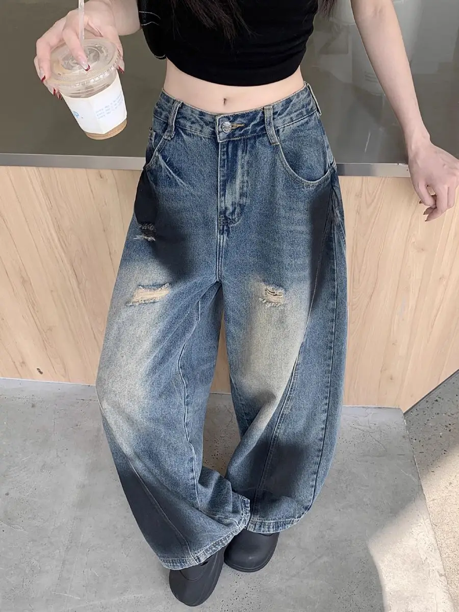 American Retro Ripped Old Jeans Women Spring Autumn New High-Waist Straight-Leg Pants Draped Loose Wide-Leg Floor Trousers