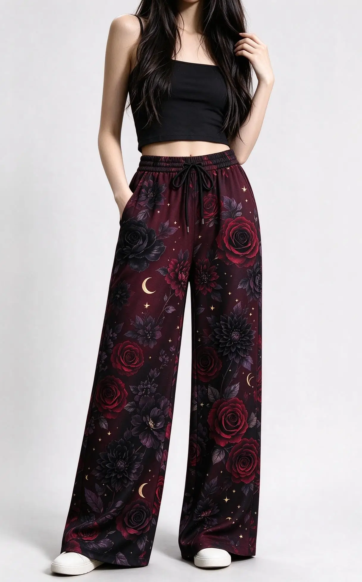 Women Mid Waist Wide Leg Pants Dark Burgundy Rose Moon Star Print Drawstring Casual Trousers with Pockets