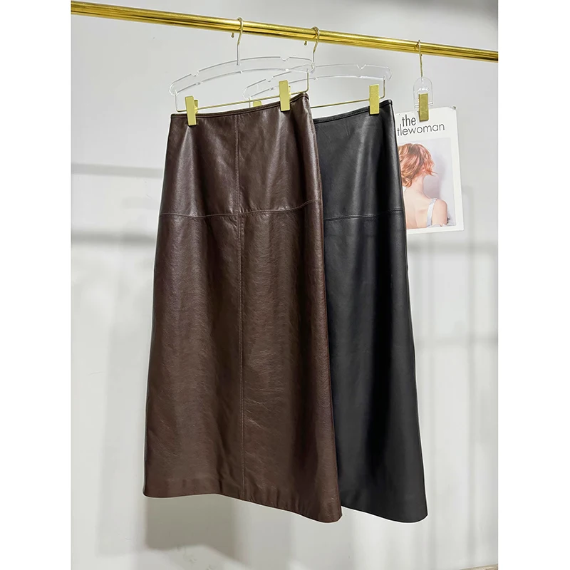 

Winter Skirt 2025 Burgundy Long Leather Skirt Female Sheepskin Vegetable Tanned Oil Wax Skin Straight Wrap Hip Jupe Longue Femme