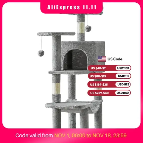 JHK 44In Cat Tree Tall Multi-Cat Climbing Tower for Pet Furniture Natural Sisal Scratching Posts Stable Pet House for Indoor Cat