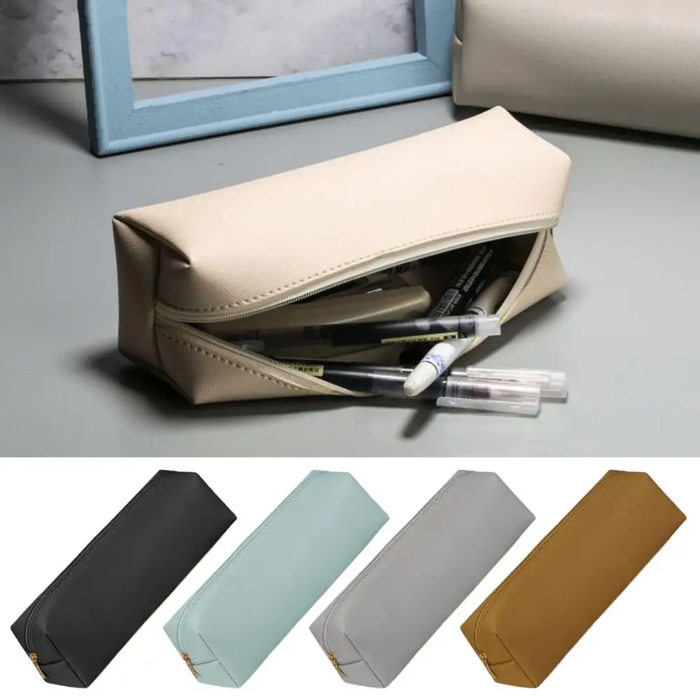 Pencil Case Durable Faux Leather Pencil Bag with Smooth Zipper Compact Portable Stationery Pouch for Home School