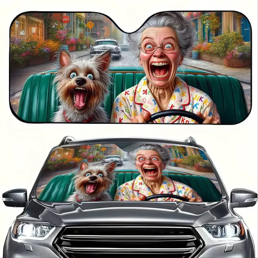 Cartoon Grandma & Puppy Print Car Windshield Sunshade Foldable Suction Cup Sun Visor For Daily Commute Suburb Self-Driving