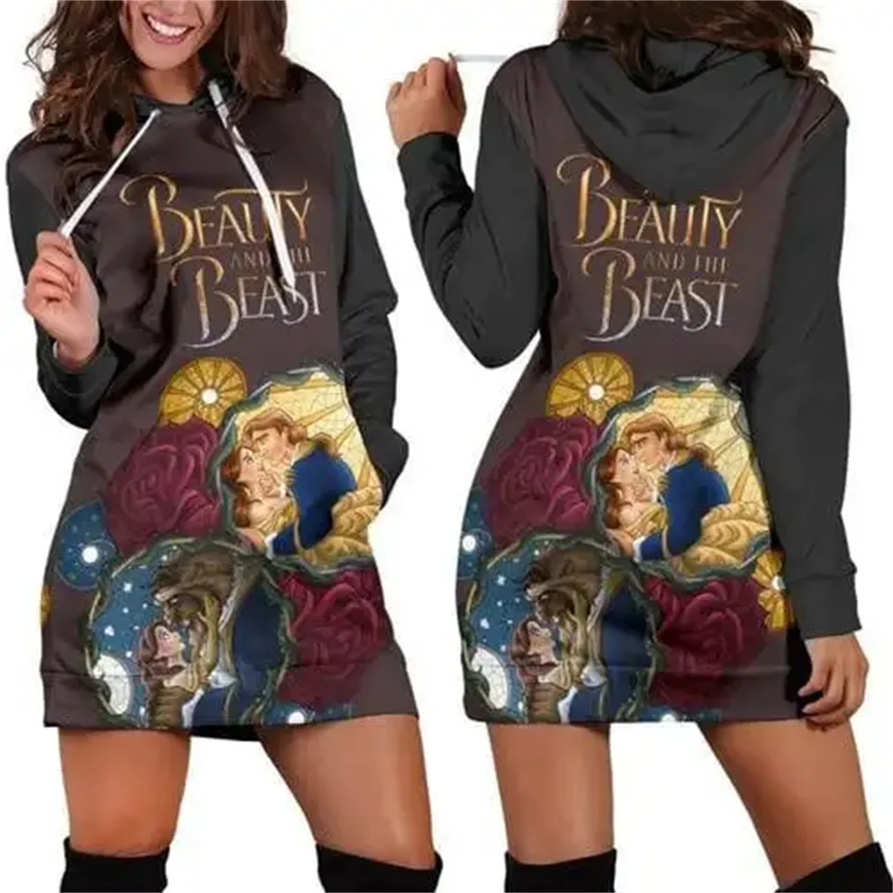 Robe sweat à capuche Disney 3D pour femme, sweat-shirt rétro, imprimé intégral, la belle et la bête, mode 2024