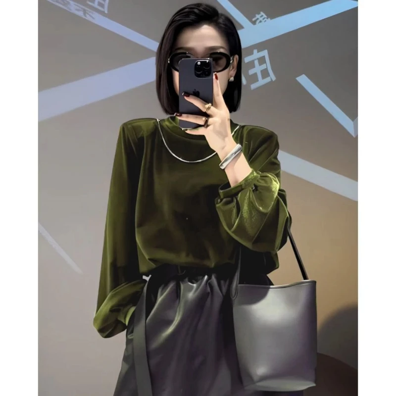 Vintage Long Sleeve Solid Loose Simplicity Gold Velvet Tops Spring Autumn All-match Casual T Shirts Elegant Office Women Clothes