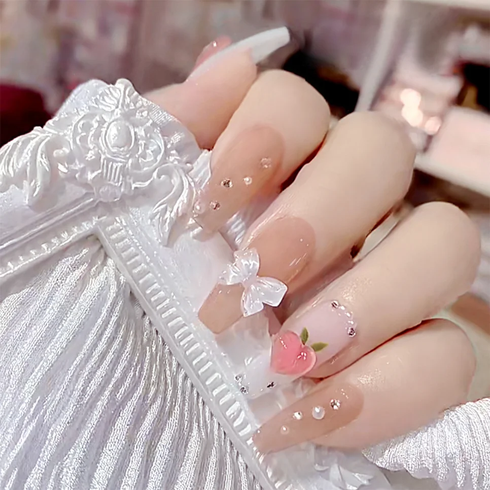 

24Pcs White Bow with Diamond Fake Nails Long Fresh Ballet Wearing False Nails Art Girl Peach Design Removable Press on Nail Tips