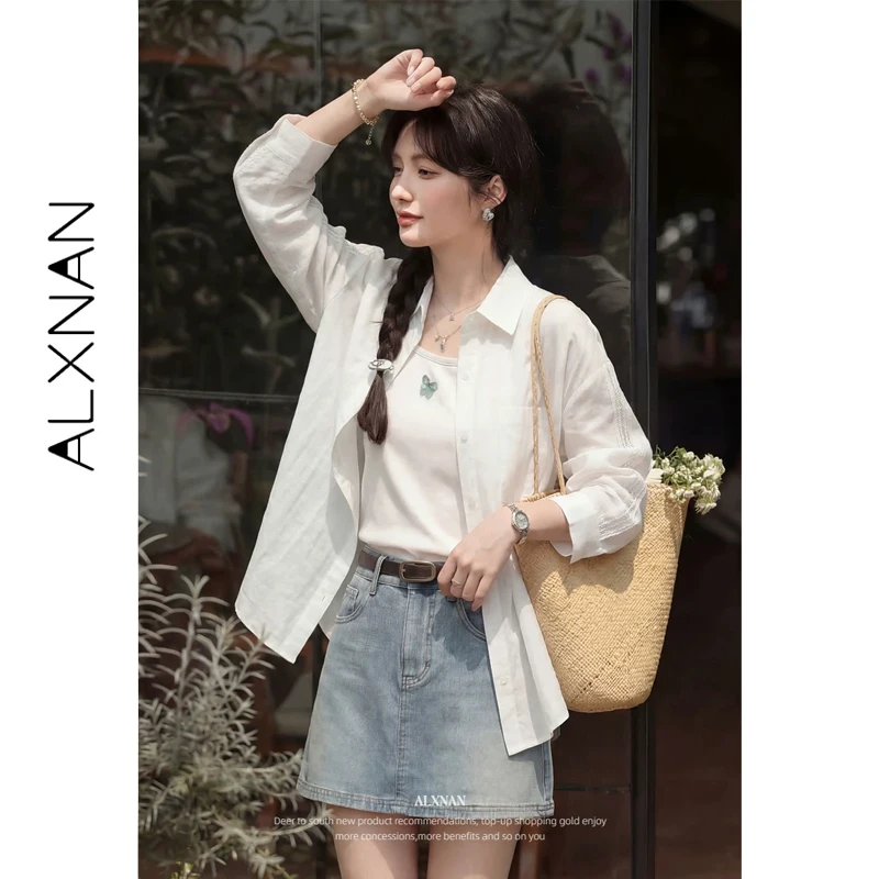 

ALXNAN Women's Off-white Shirt Summer Hollow Out Long Sleeve Shirts Fashion Casual Elegant Loose-fit Office Female Tops L62211-1