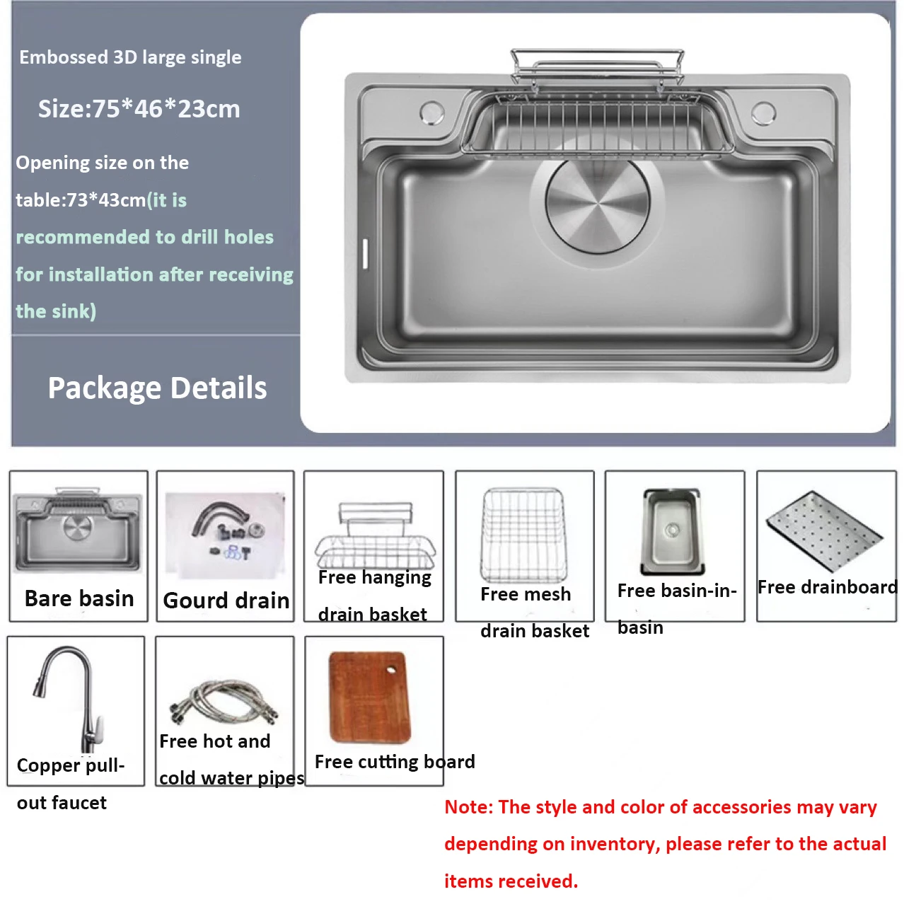 Hot Large Single Embossed 3D Sink with Hanging Basket Multifunctional Kitchen Sink for Quick Drainage Practical Design