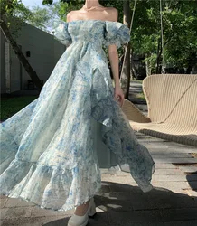 Floral Printed Blue Silk Dresses Women Evening Party Slash Neck Ruffle Long Dress Bodycon Holiday Summer Elegant Clothing Lady