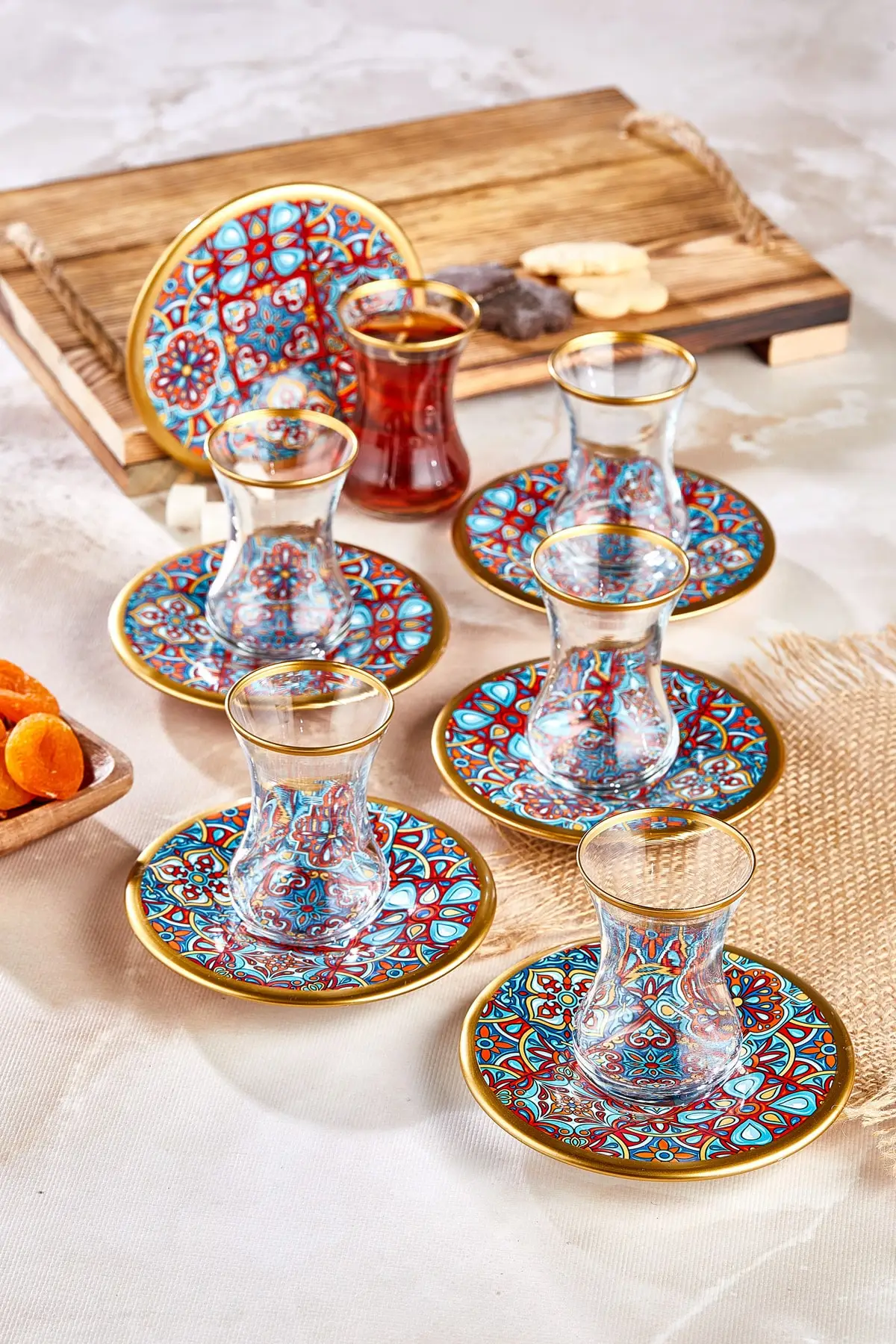 12 Piece Decorated Glass Tea Cup Set, Turkish Style Glass Tea Cup Set Guest and Gift Set