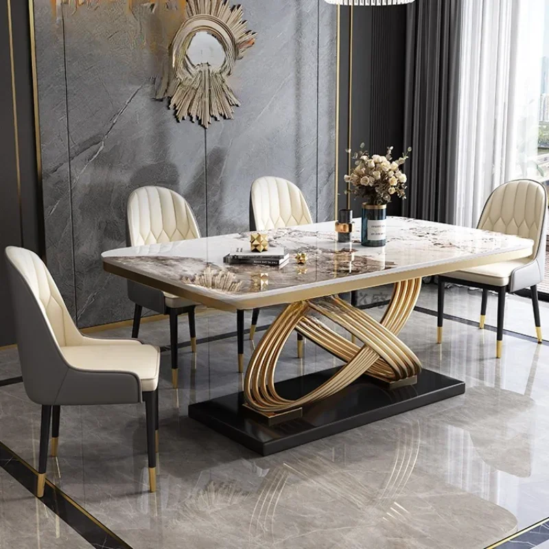 

Stone Plate Dining Tables and Chairs Set Modern Minimalist Rectangular Mild Luxury Marble