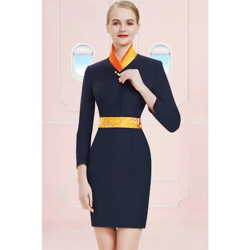 Uniforme de azafata de vuelo de las aerolíneas, traje profesional para mujer, ropa de etiqueta de trabajo de oficina, vestido azul marino, gran oferta, nuevo