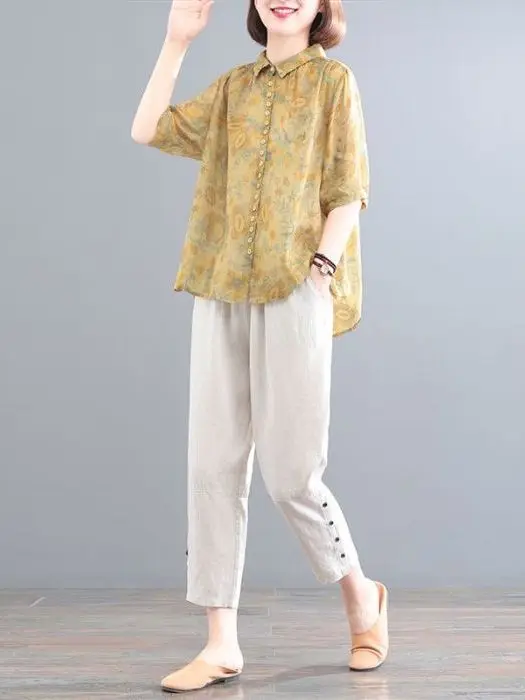 

Casual Cotton Linen Set Women Summer Faion Loose Top Nine-Piece Pants Two-Piece Set Vintage Sle round Ne Sve-Length