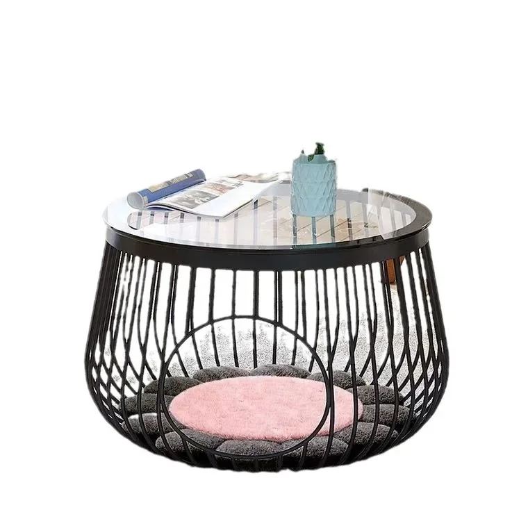 

Nordic creative wrought iron living room balcony tea table people and cats share coffee table small pet cat nest home glass