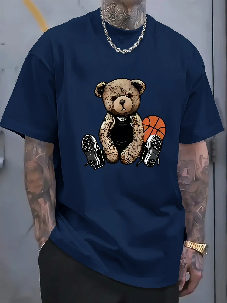 100% cotton men's casual and interesting basketball bear print, short sleeves, round neck, men's summer T-shirt.