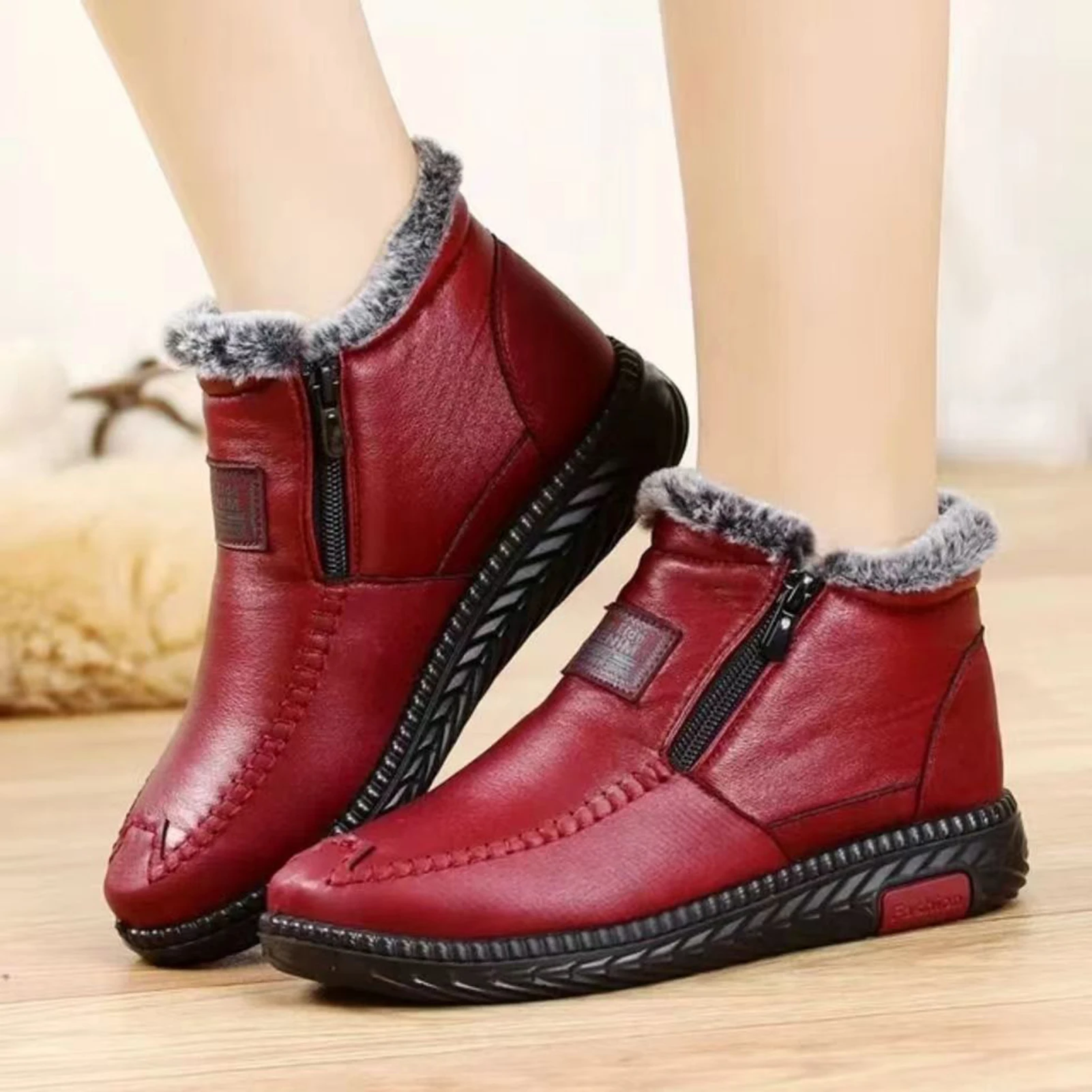 Women\'s Casual Snow Boots Plus Size Flat Booties with Thick Fleece for Jeans Trench Coat Calf Pants