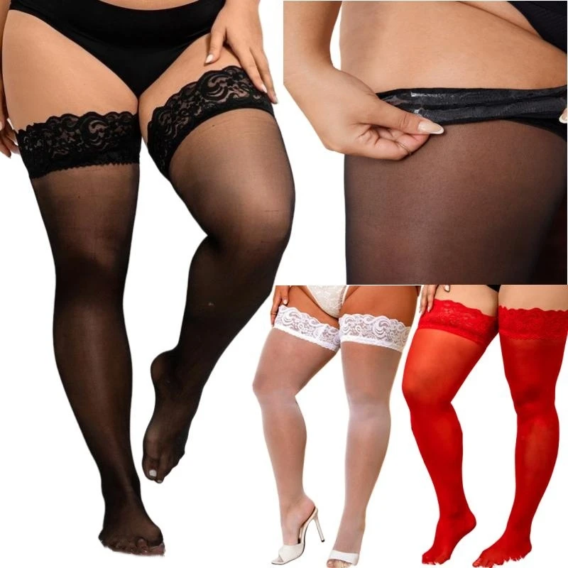 Women Oversized Lace Long Sock Plus Size Fishnet Stocking Large Size Over Knee Thigh High Black Stockings Sexy XXXL Socks