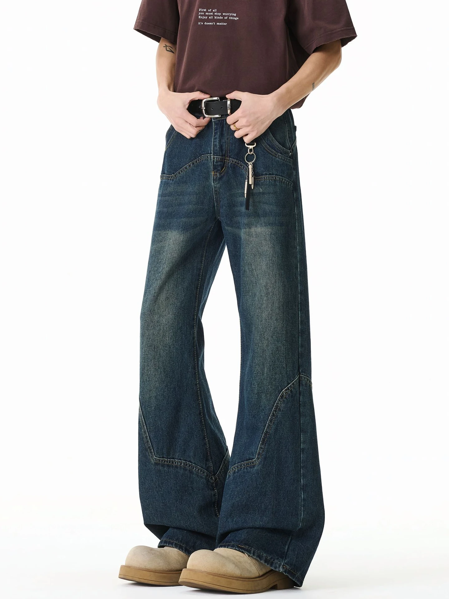 

Casual Men's Straight Leg Distred Jeans Trendy Loose Wide Leg Casual Pants Middle Waist Patchwork Jeans Youth ular