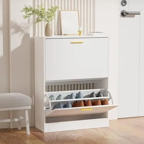 Shoe Cabinet Storage for Entryway, Slim White Hidden Shoe Organizer Cabinet with 2 Flip Drawers, Wooden Narrow Shoe