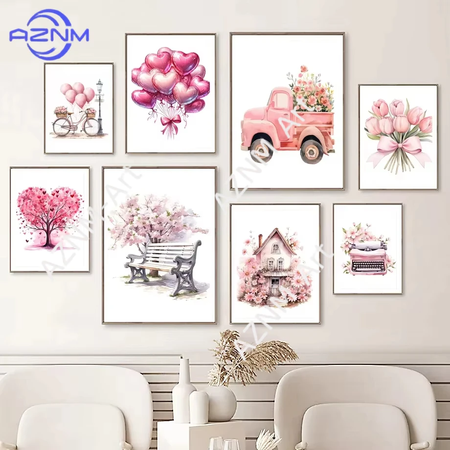 

1pc Nordic Pink Valentine's Day Theme Poster Printing Floral Heart-Shaped Tree Balloon Cottage Canvas Home Room Decor