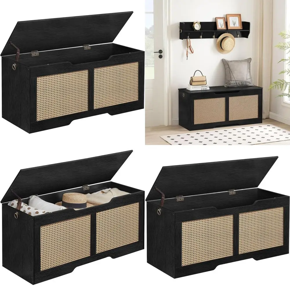 

Прочная скамья для хранения в стиле ротанга 43, емкость 220 фунтов, сундук для игрушек с защитным шарниром, простая сборка, черный BB22CW01