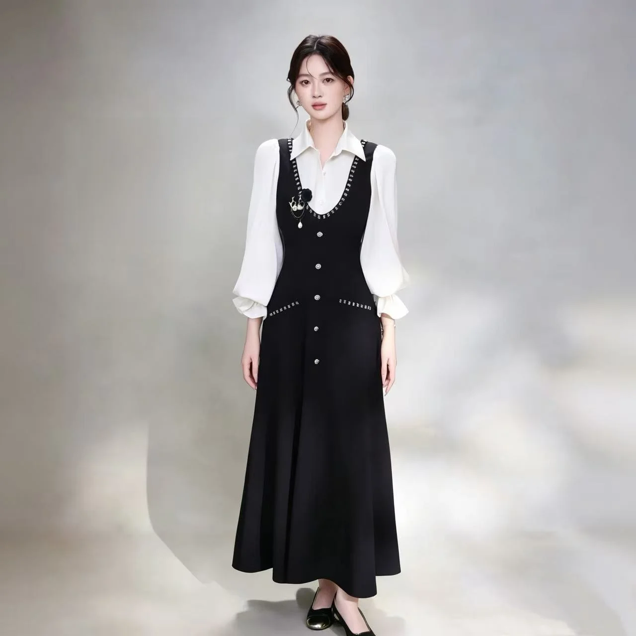 Elastic Cotton Silk Long Dress Fake Two-Piece Set Women's Autumn Fashion High Waist Color Block City Walk Casual Dress