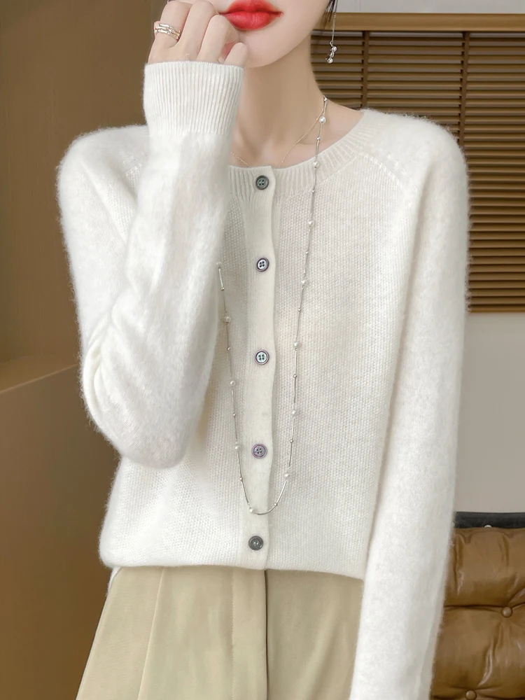 Autumn 100% Merino Wool Knitwear Women Sweater O-Neck Solid Color Osmanthus Needle Cardigan Comfottable Soft Tops Classic Style