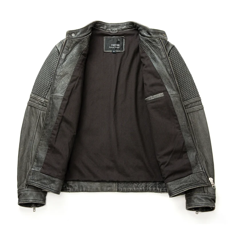 Men\'s Vintage Biker Jacket Top Layer Standing Collar Cowhide Motorcycle Jacket Classic Stone Milled Calfskin Moto Riding Suit