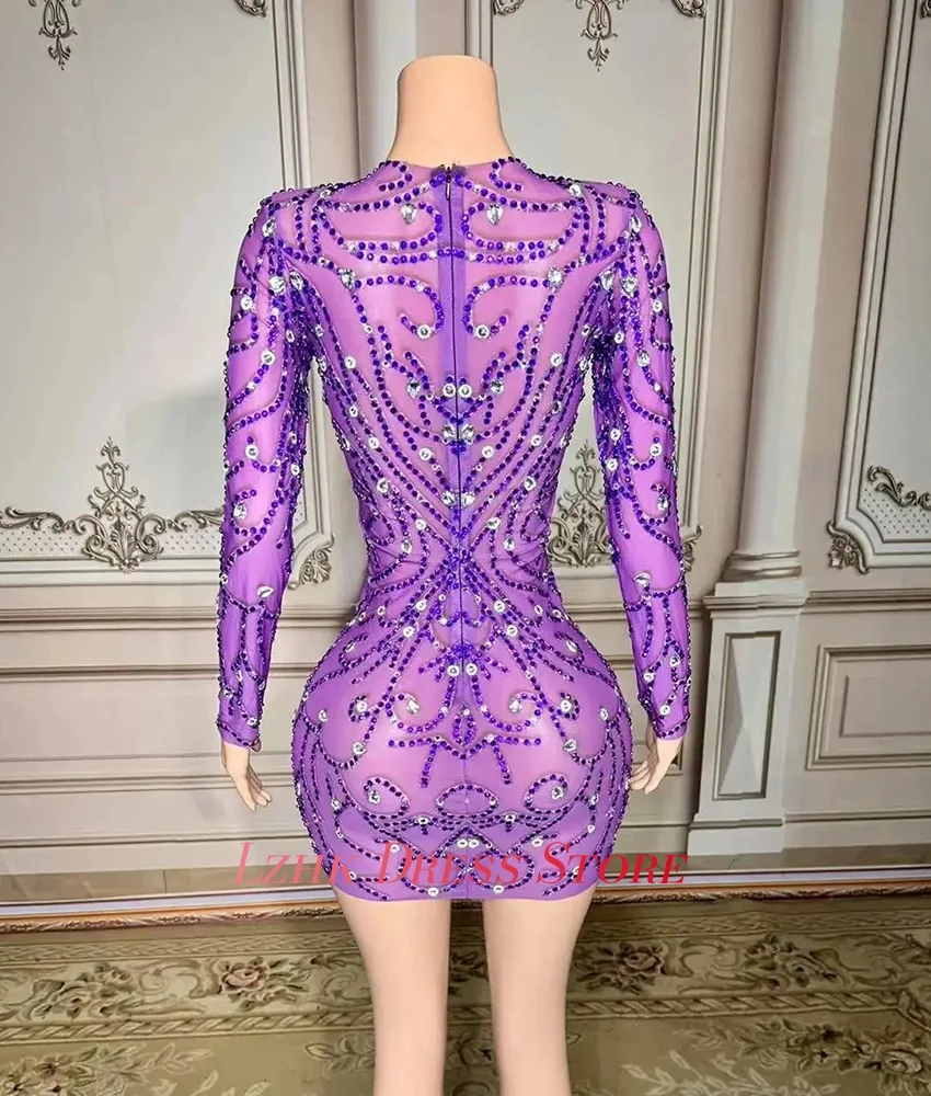 カスタムメイドの高級ジャージーストレートクリスタルビーズ刺繍イブニングドレス高品質長袖Oネック女性用イブニングドレス