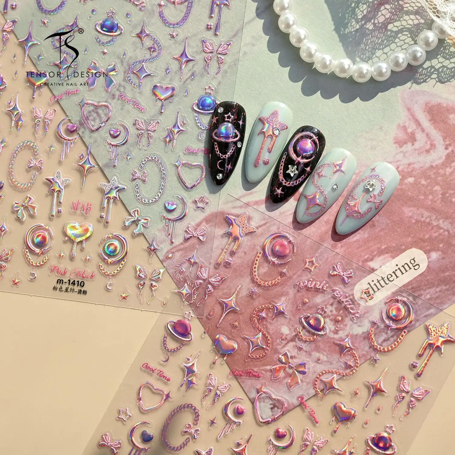 Y2K Trendy 5D Nail Art Stickers Holographic Star Moon Heart Planet Chain Embossed Self Adhesive Nail Decals Decor