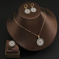 Fashion sapphire Bride Jewelry Set geometric flower pendant gold Wedding Dress Banquet Necklace Earring Ring Set Ladies Gift