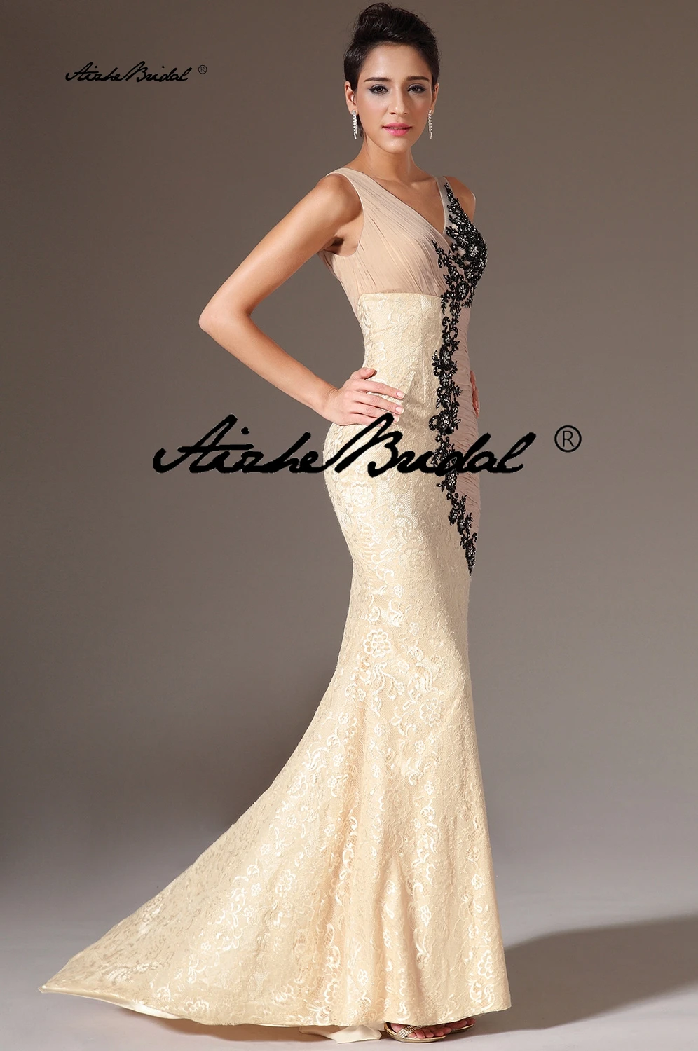 طول الأرض سويب تراين رداء De Soirée رقبة على شكل V من الدانتيل الشمبانيا حورية البحر فساتين سهرة مع زينة سوداء فساتين لحضور الحفلات الموسيقية الطويلة