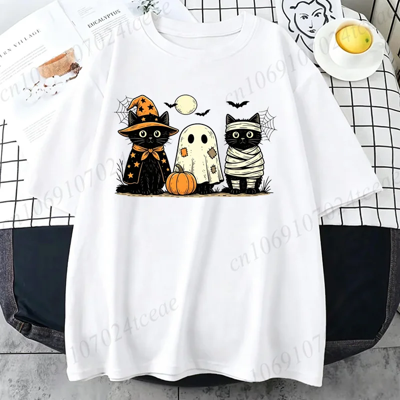 Schwarze Katze Kürbis T-Shirt Ghots Gothic Herbst Katzen T-Shirt Halloween Grusel-Saison T-Shirt Horror Party T-Shirts Unisex Kurzarm – Detail 2
