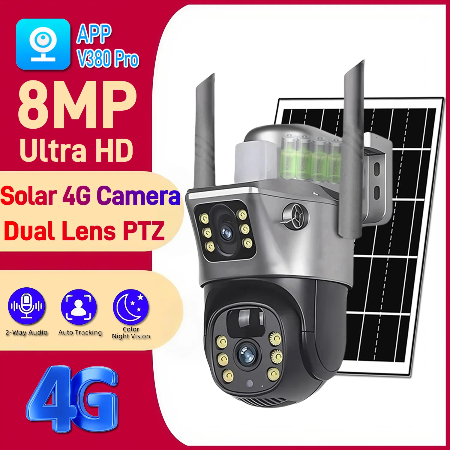 

V380 Pro 4G Dual Lens Solar Camera 4K 8MP IP Wireless Surveillance Camera Night Vision People Detection PIR CCTV Smart Security