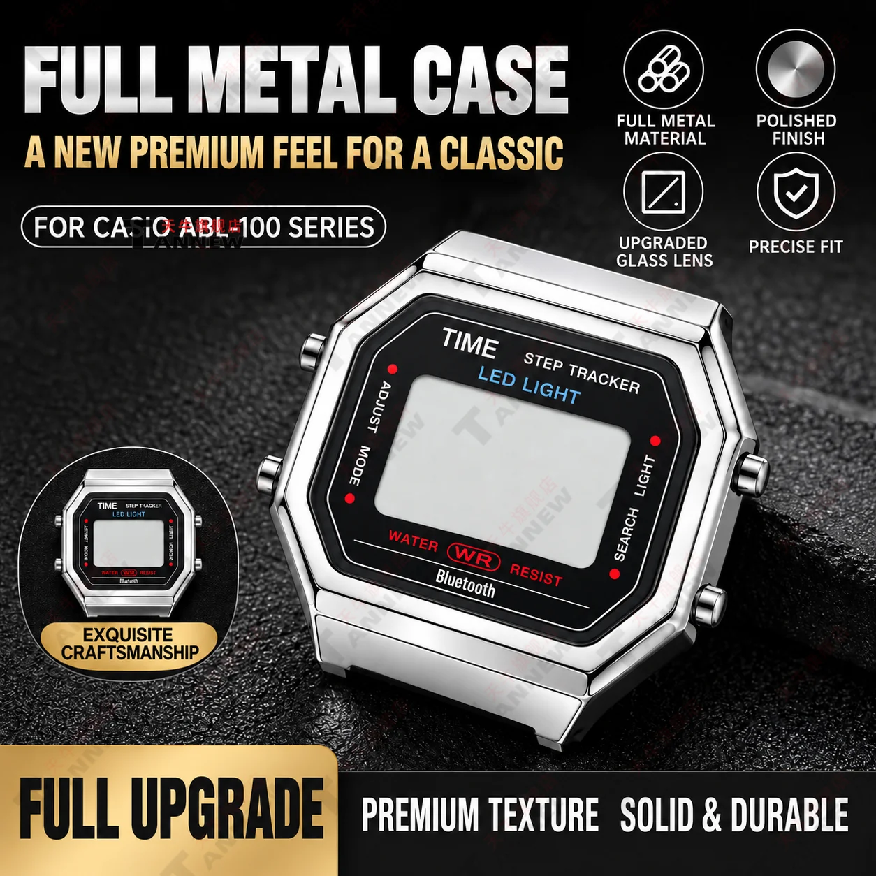 Stainless Steel Replacement Watch Case for Casio ABL-100 Vintage Retro Silver Metal Repair Modification Parts Accessories