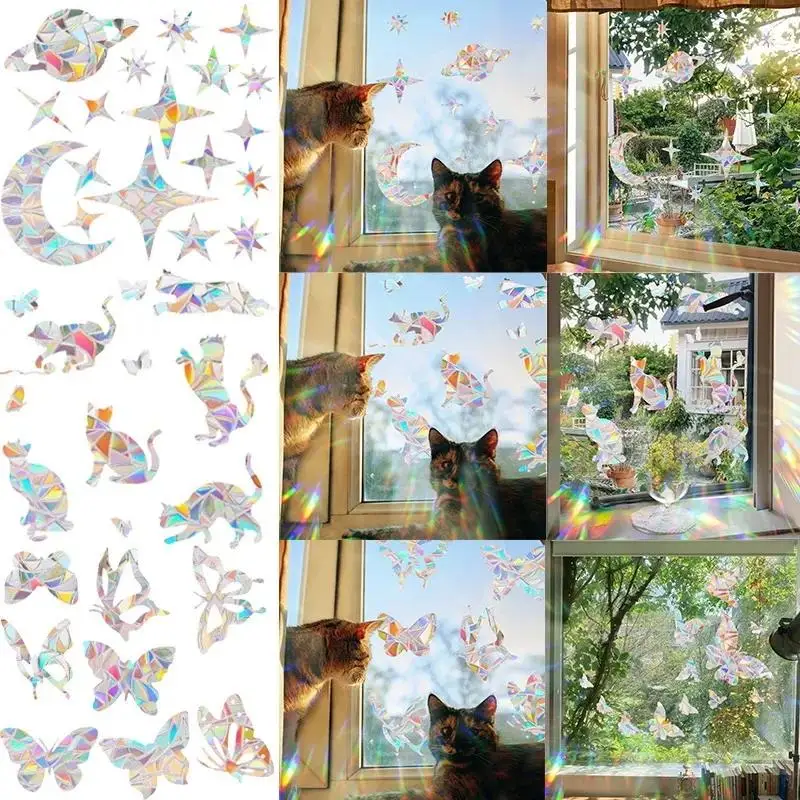 New Rainbow Maker Sun Catcher Wall Stickers Cat Bird Star Mushroom Moon Sun DIY Window Glass Electrostatic Prisms Sticker