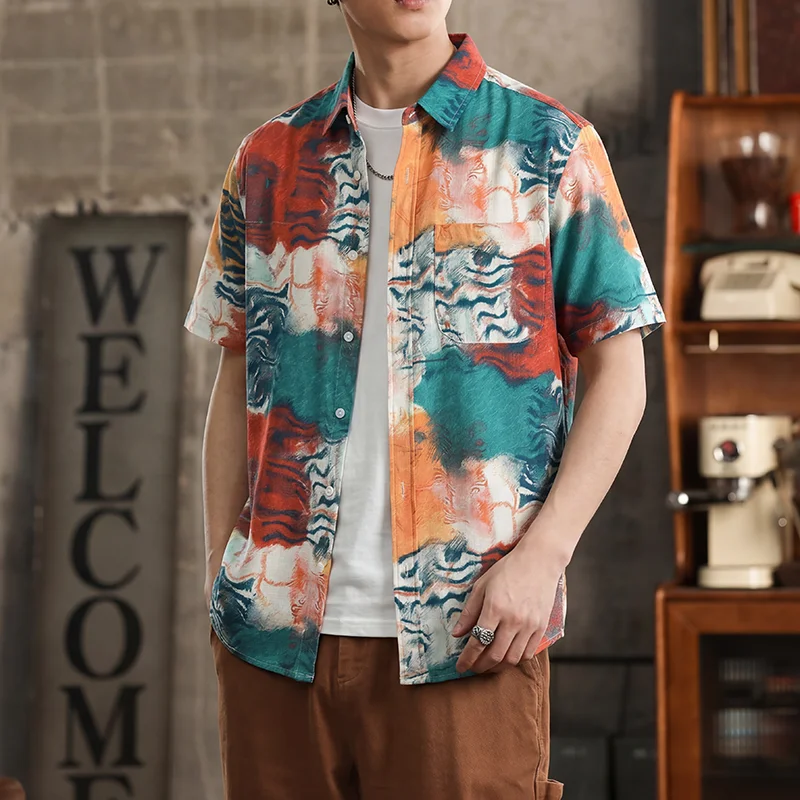 

Summer Print Elastic Quick Dry Beach Shirt Men Streetwear Fashion Comfortable Loose Casual Short Sleeve Shirts Male Blouses Tops