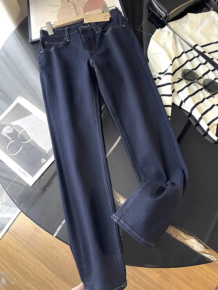 Cintura alta clássico ajuste elástico emagrecimento tubo calças jeans nove pontos versátil retro sle sala de estar entrada
