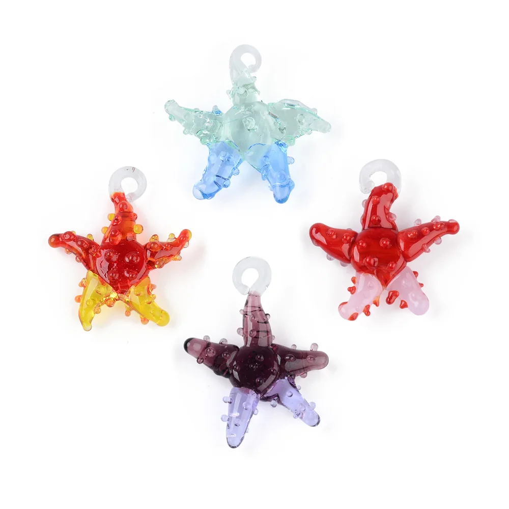 6PCS Glass Starfish Pendant Cute Doll Glass Pendant Colorful Small Starfish Jewelry Making Necklace Earrings DIY Accessories