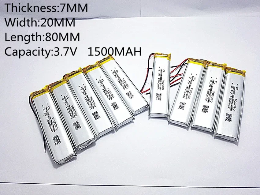 10pcs 3.7V 1500mAh 702080 Lithium Polymer Li-Po li ion Rechargeable Battery cells For Mp3 MP4 MP5 GPS  mobile bluetooth