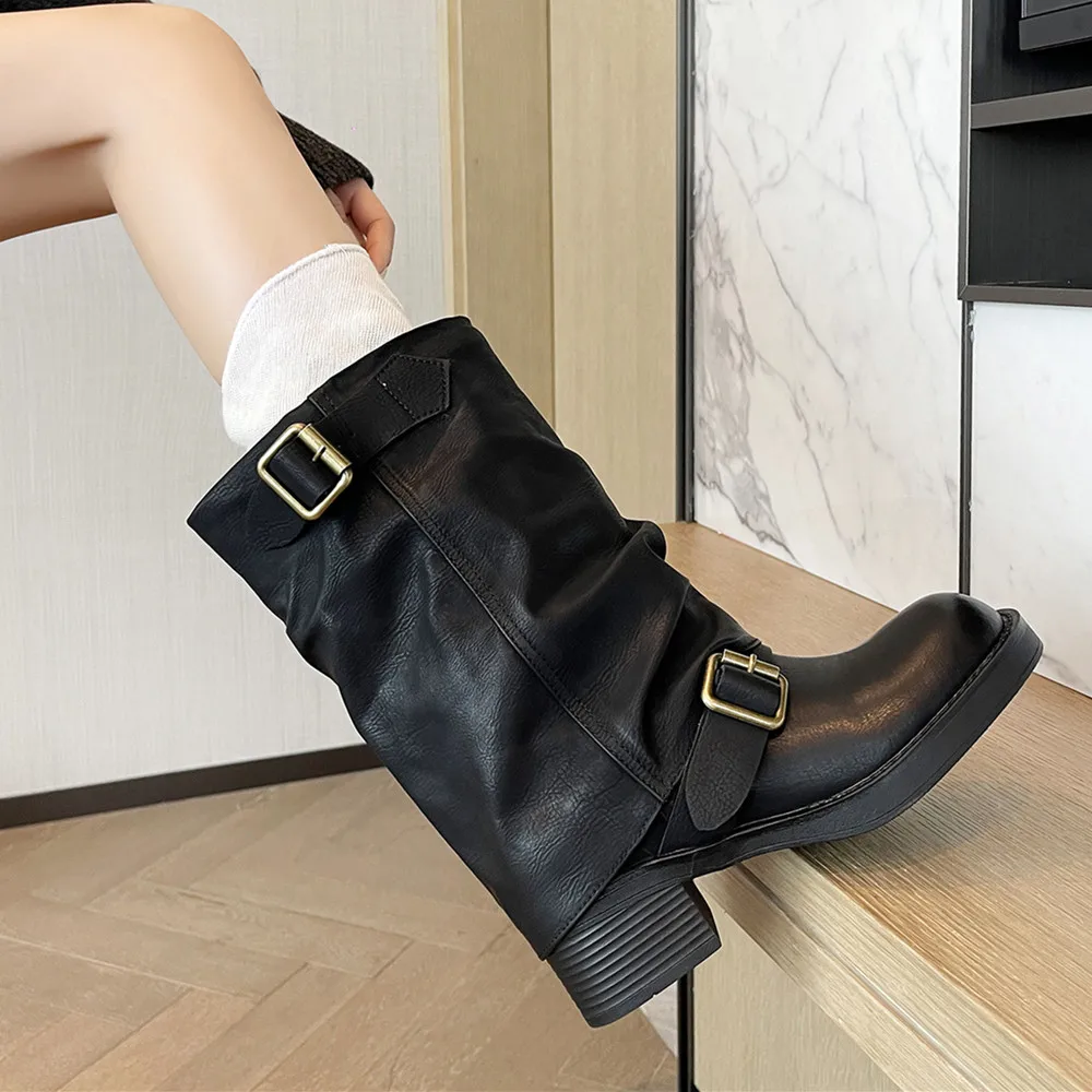 FEDONAS Retro Genuine Leather Women Short Boots Thick Heels Round Toe Belt Buckle Popular Casual Autumn Winter Shoes Woman 2025