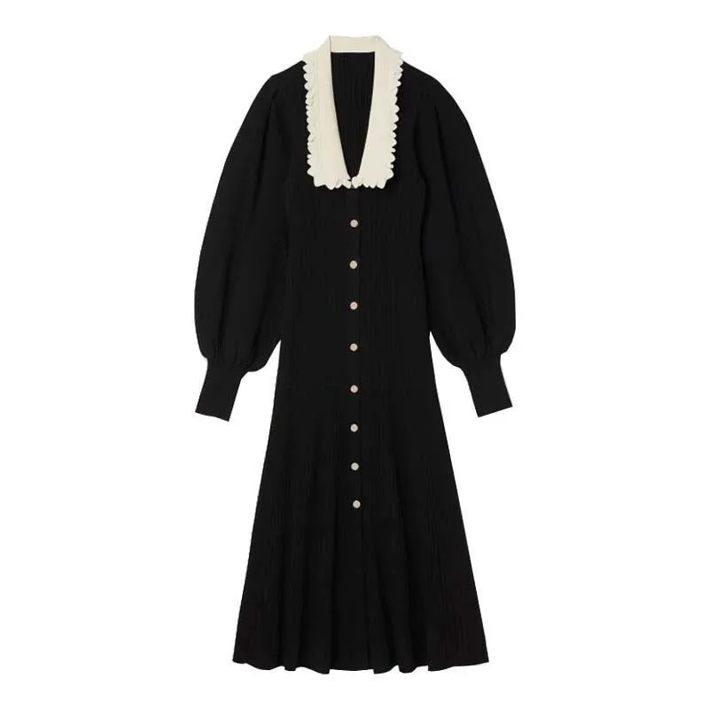 黒長袖ニットドレス女性ターンダウンネックエレガント Vestidos ボディコンハイウエストストリート布女性