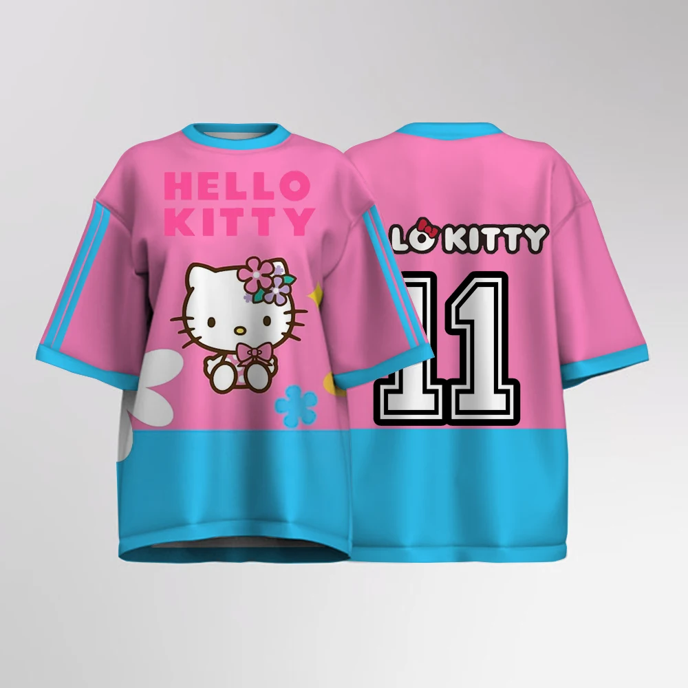 

Женская трикотажная рубашка Y2K, футболка с принтом Hello Kitty, уличная одежда, милая футбольная спортивная рубашка, футболка большого размера, топ