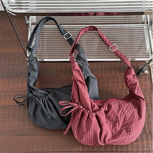 Imagen 1 del producto Bolsos de hombro Hobos a cuadros Retro para mujer, bolso de nailon con bolsillo con cordón, bandolera de viaje portátil de gran capacidad