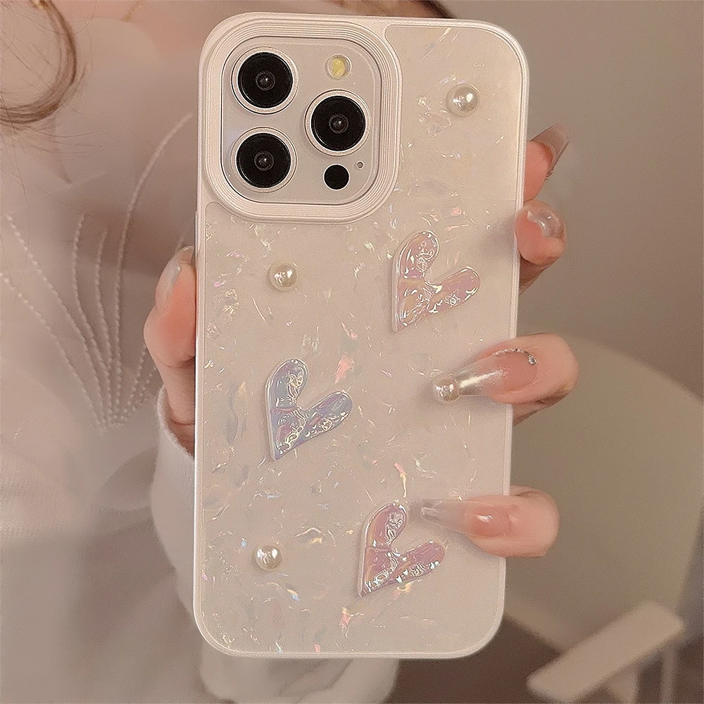 Korean Cute 3D Laser Love Soft Silicone Case for iPhone 15 Plus 14 13 12 11 Pro Max Pearl Shockproof Shell Pattern Phone Case