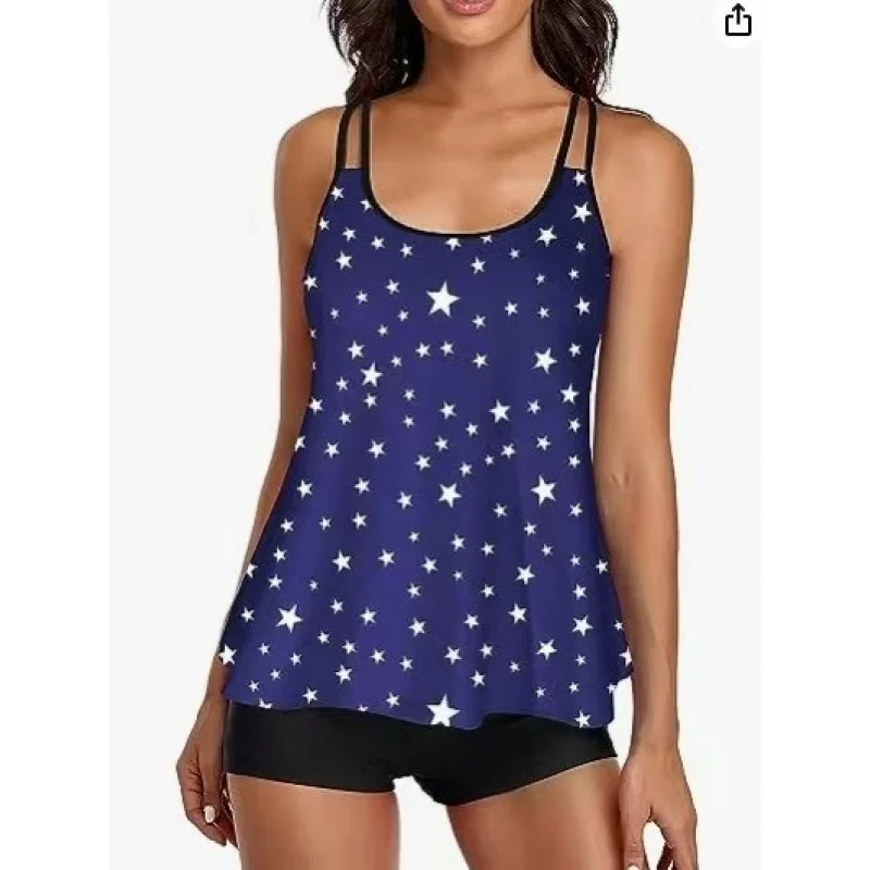 Maiô de duas peças plus size de venda quente para mulheres com regata e shorts, tankini estampado solto